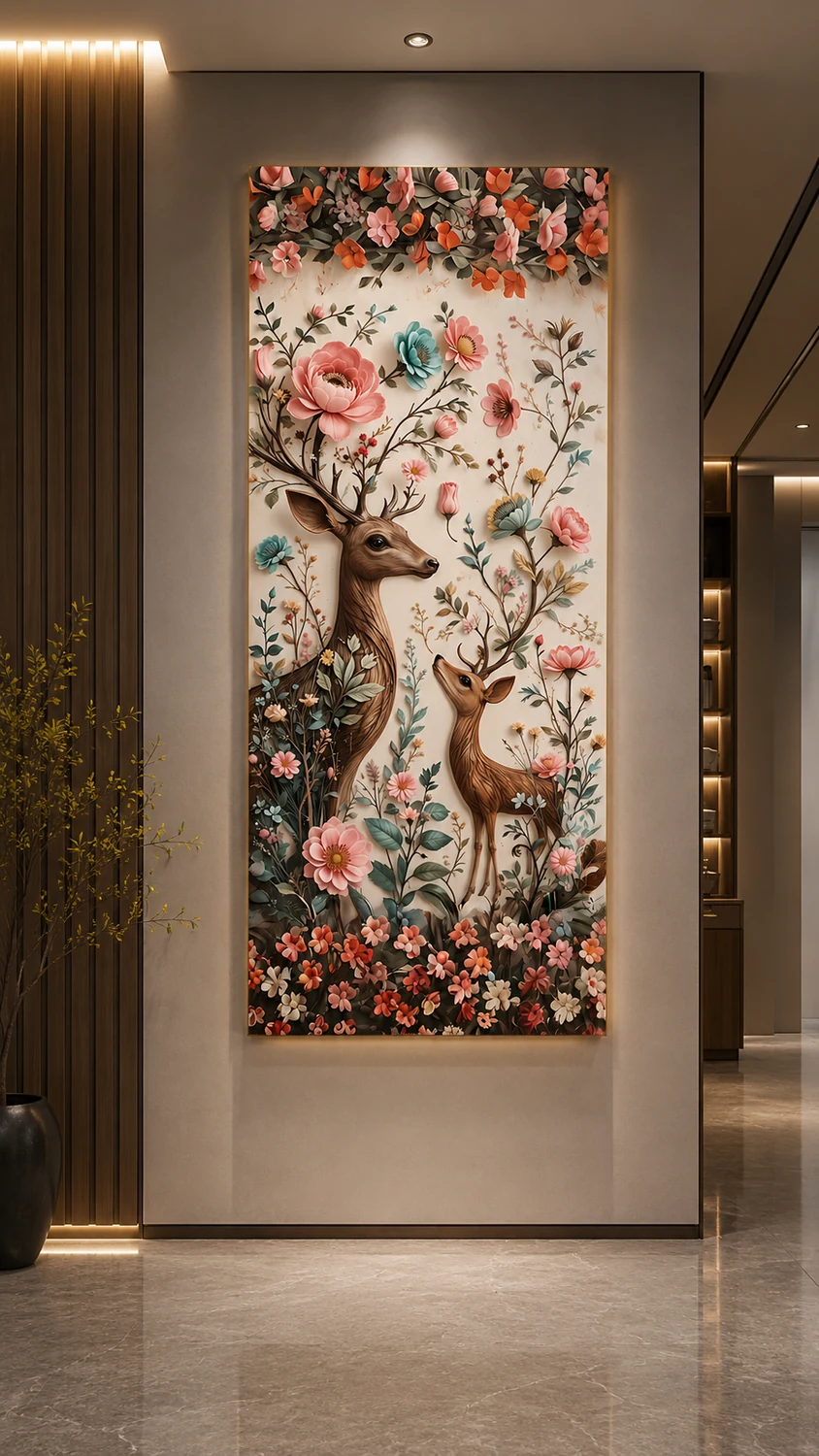 5D foam wall art ASD-D059 — Blossom Deer, shown in an entrance lobby