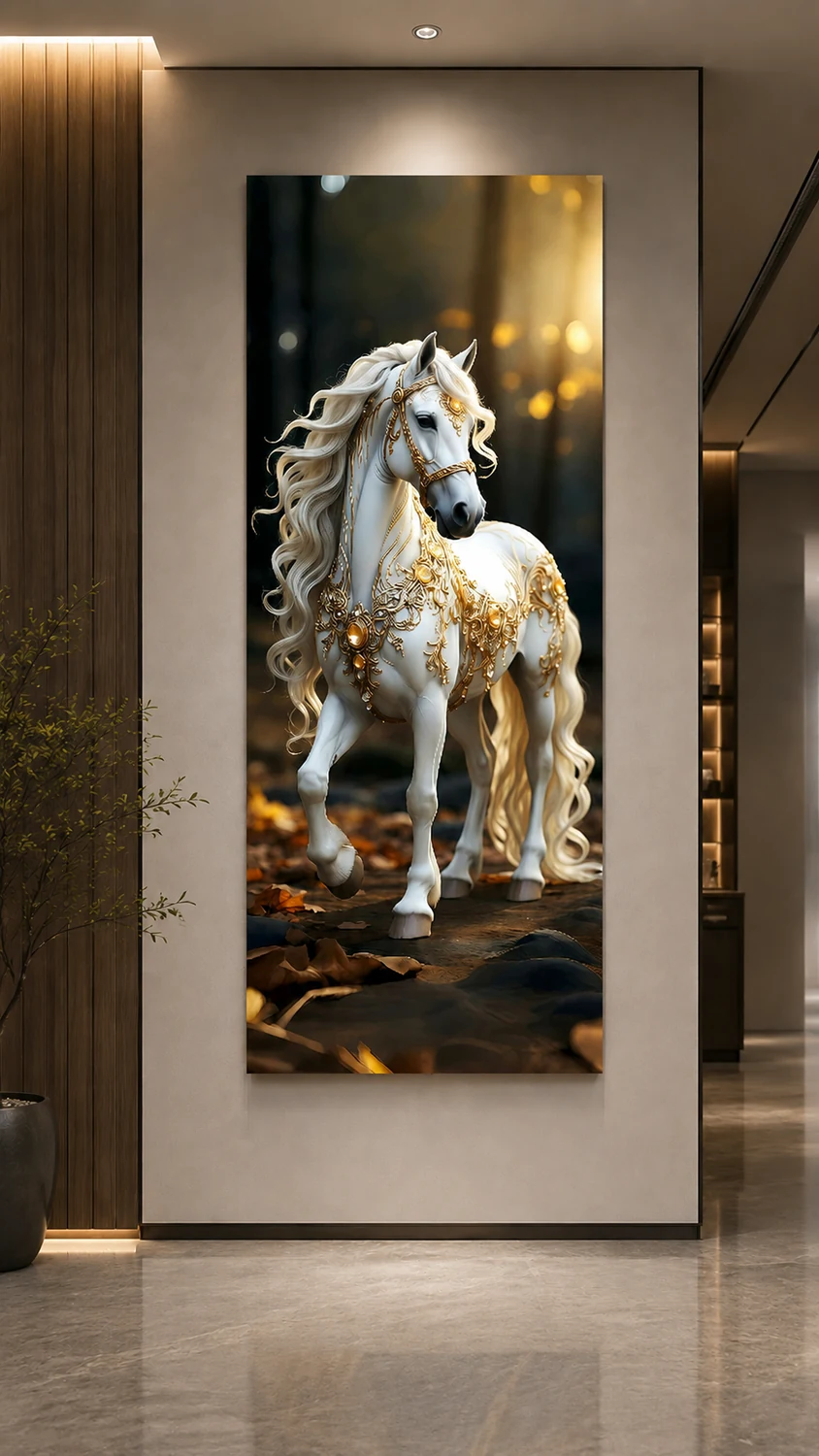 5D foam wall art ASD-D036 — Golden Horse, shown in an entrance lobby