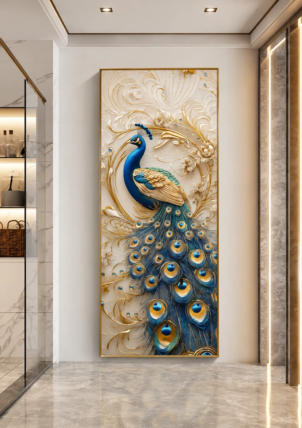 Peacock filigree 5D foam wall art in an entrance lobby