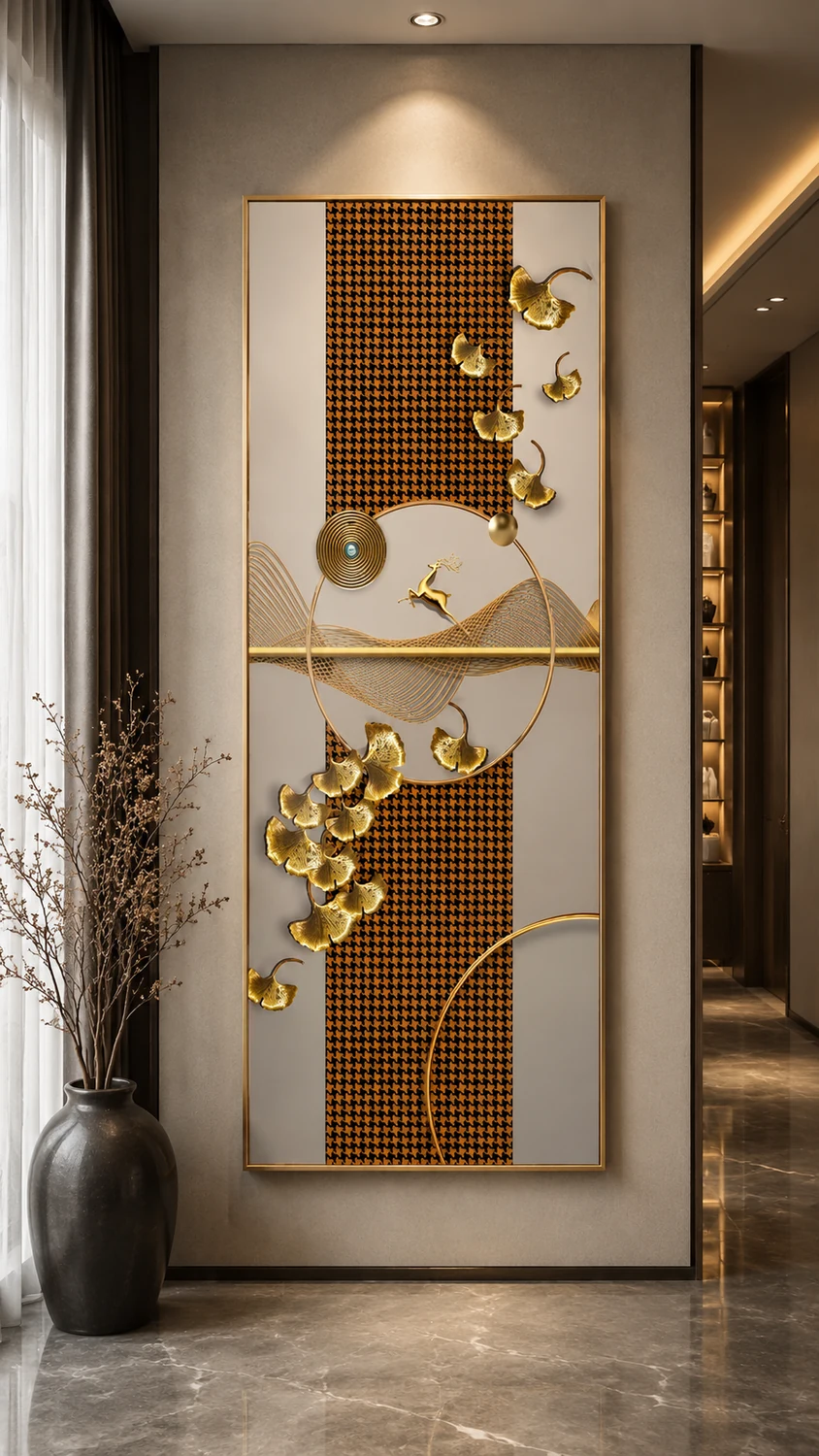 5D foam wall art ASD-F011 — Gold Ginkgo, shown in an entrance lobby