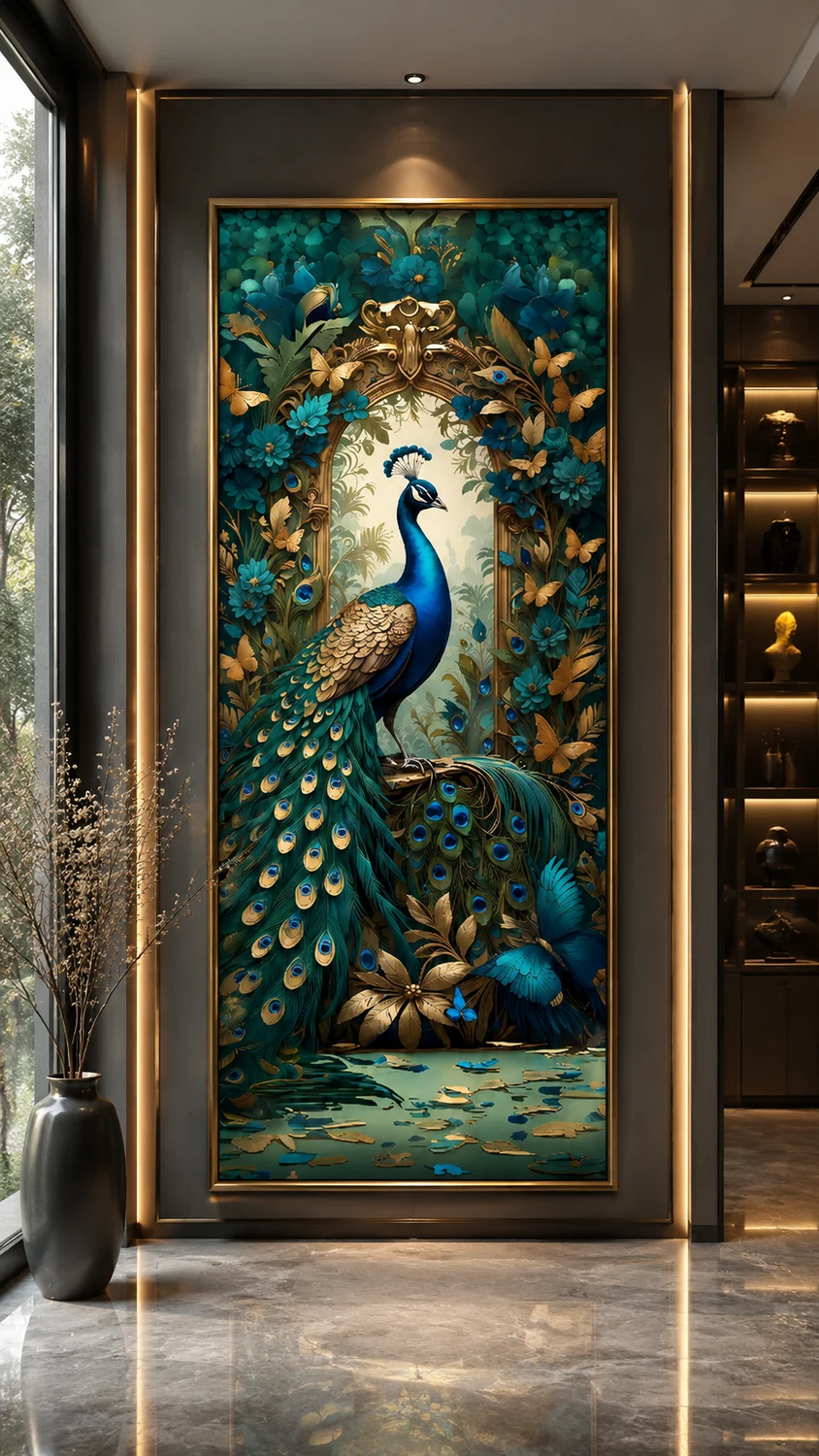 5D foam wall art ASD-D068 — Emerald Peacock, shown in an entrance lobby