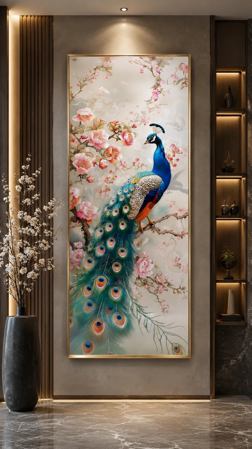 5D foam wall art ASD-D067 — Peacock Pair, shown in an entrance lobby