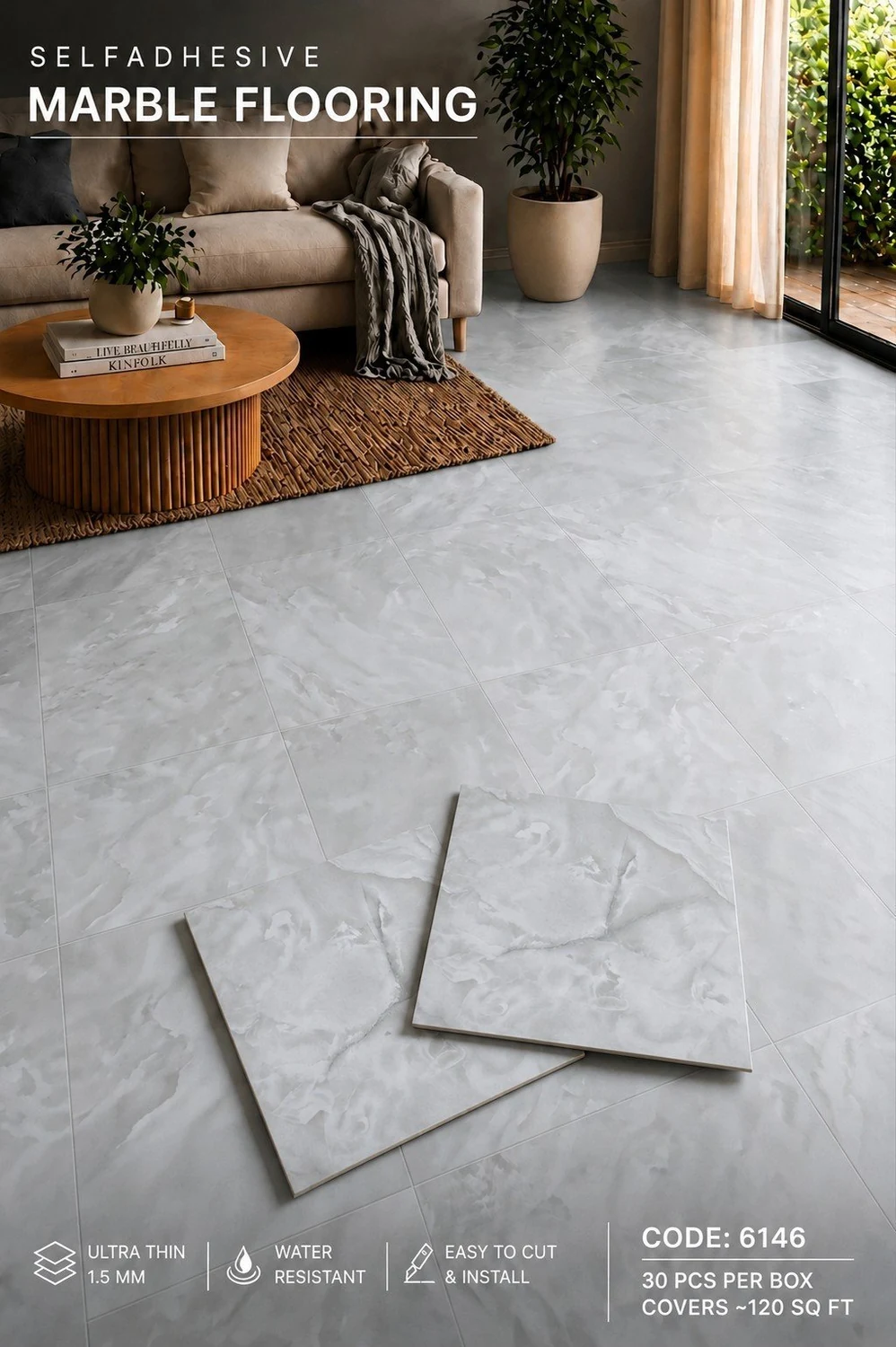 Self-adhesive marble flooring code 6146 — Silver Cloud