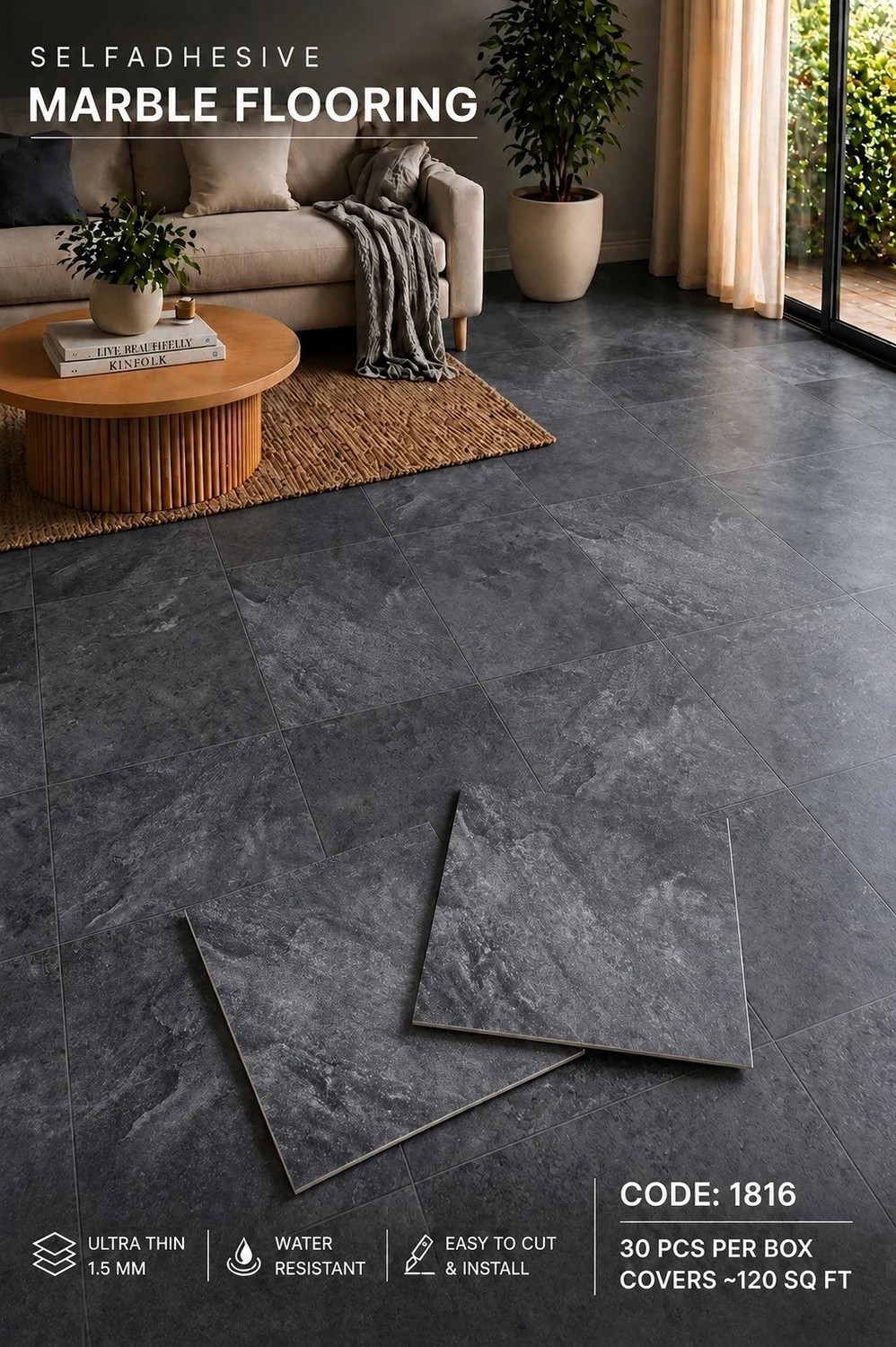 Self-adhesive marble flooring code 1816 — Slate Black
