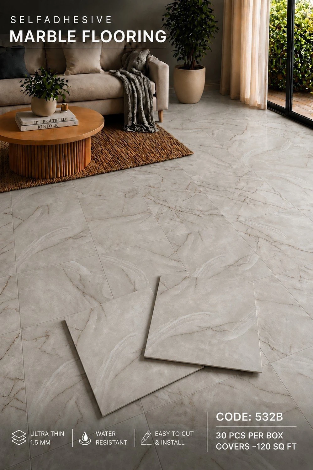 Self-adhesive marble flooring code 532B — Pearl Grey
