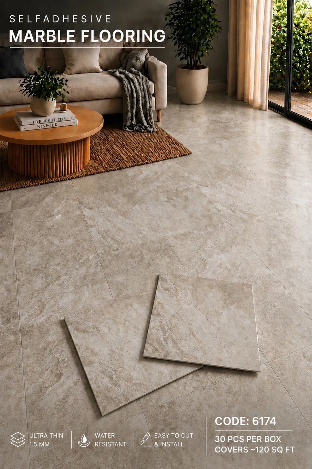 Self-adhesive marble flooring code 6174 — Taupe Stone