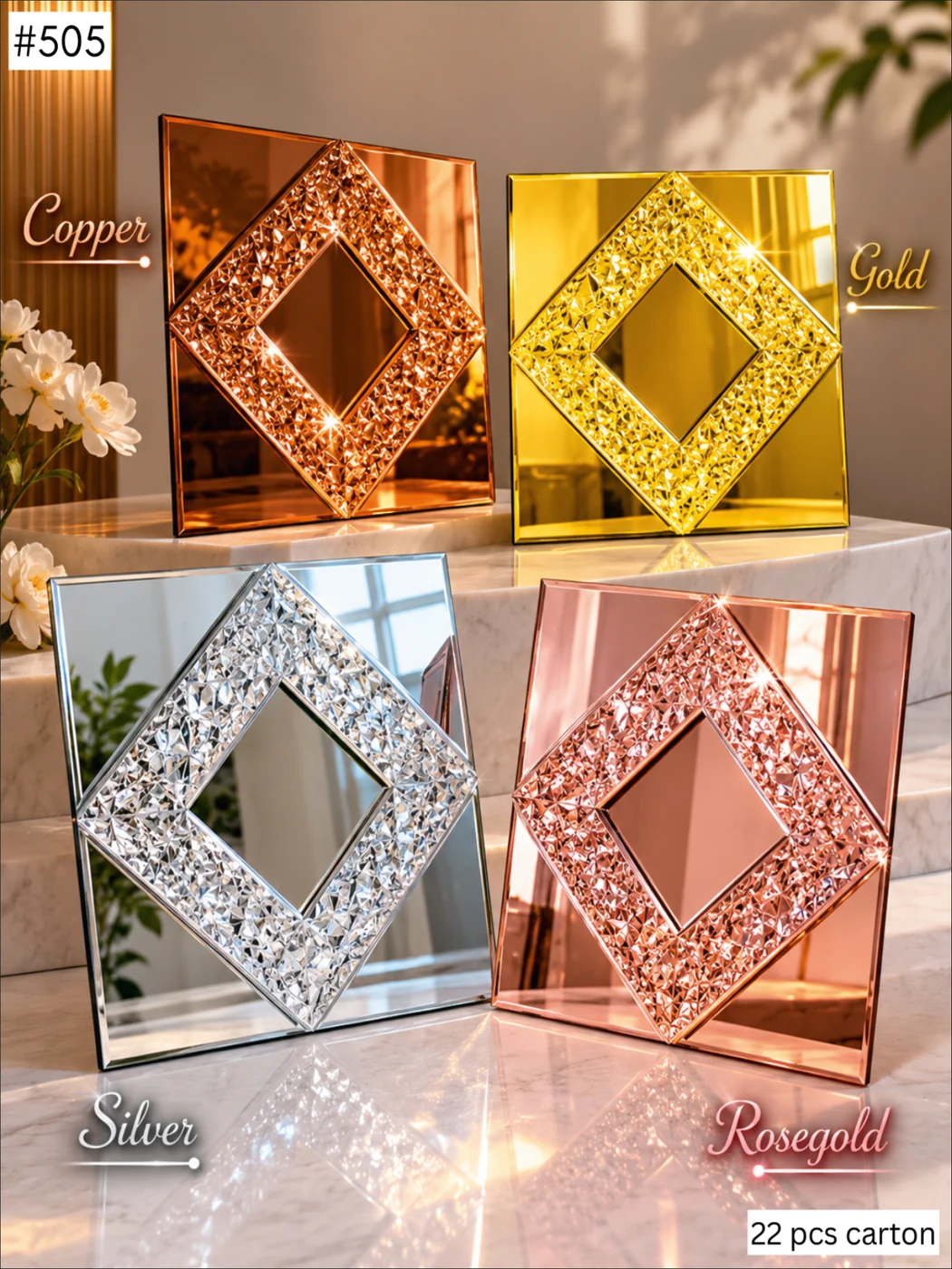Mosaic tile 505 — Crystal Diamond Frame, shown in Copper · Gold · Silver · Rose Gold