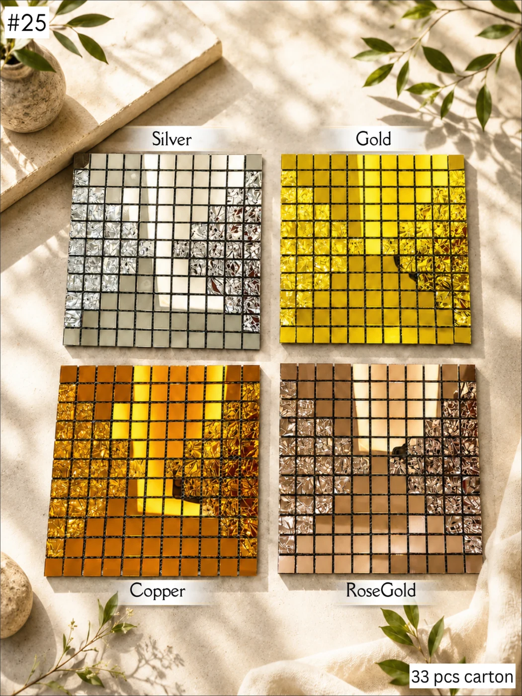 Mosaic tile 25 — Micro Square, shown in Silver · Gold · Copper · Rose Gold