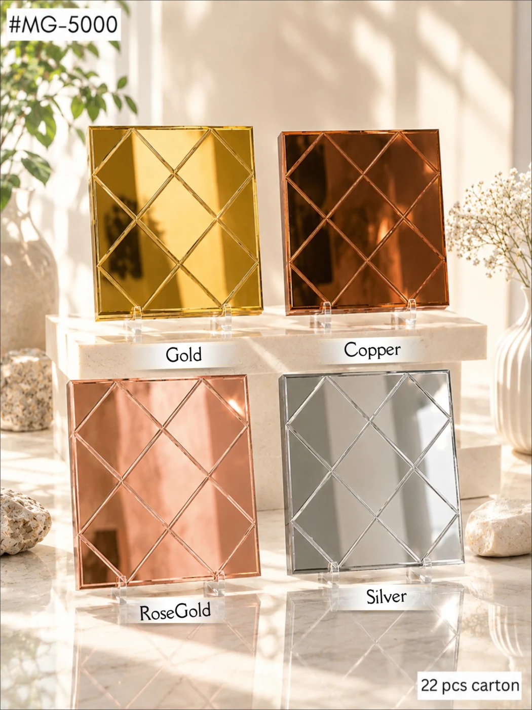 Mosaic tile MG-5000 — Criss-Cross Diamond, shown in Gold · Copper · Rose Gold · Silver