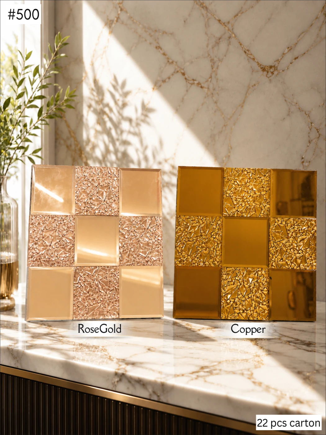Mosaic tile 500 — Crystal Checker, shown in Rose Gold · Copper