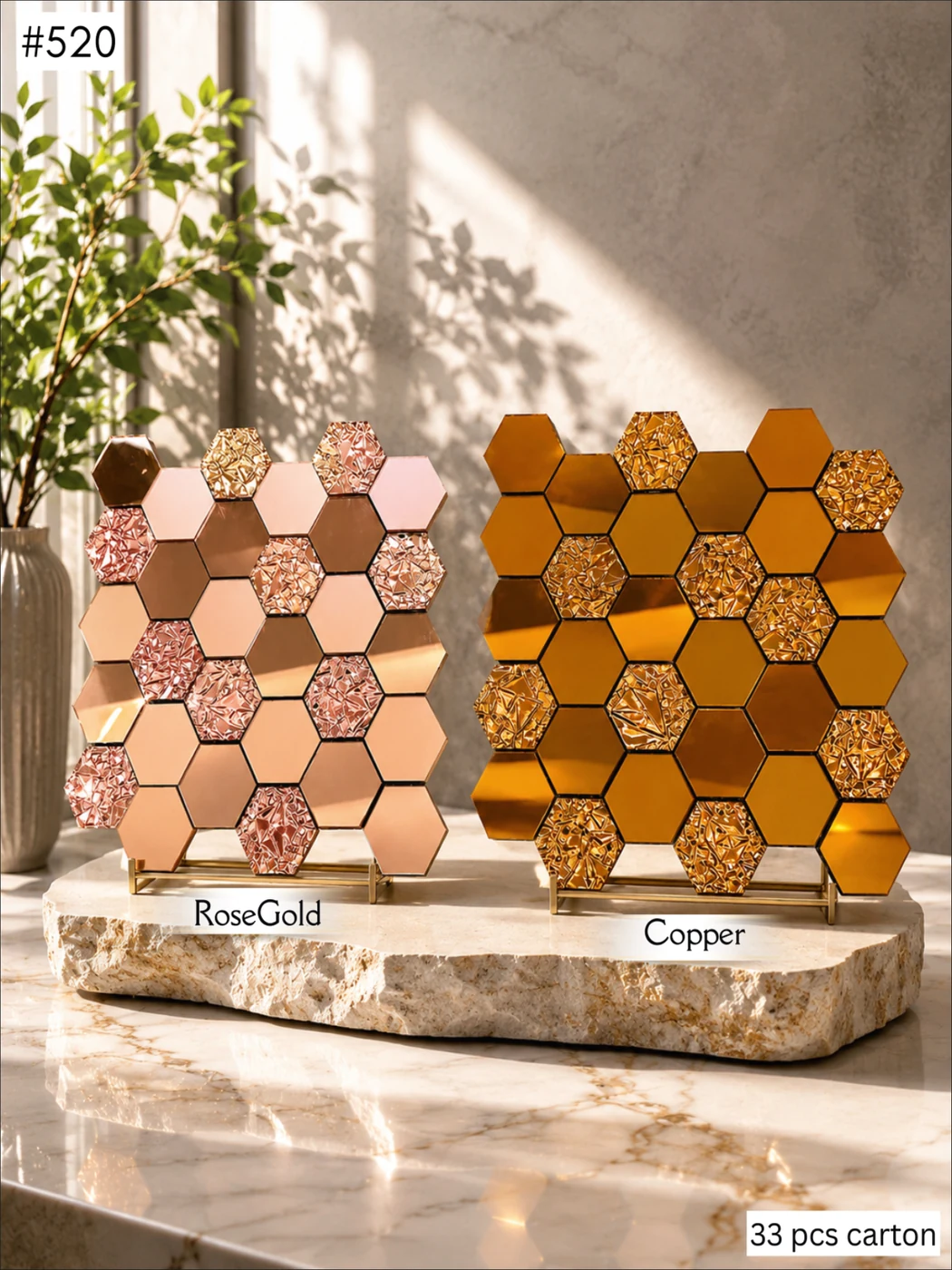 Mosaic tile 520 — Crystal Hexagon, shown in Rose Gold · Copper