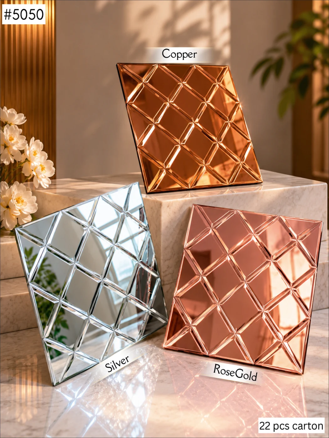 Mosaic tile 5050 — Diamond Grid, shown in Copper · Silver · Rose Gold