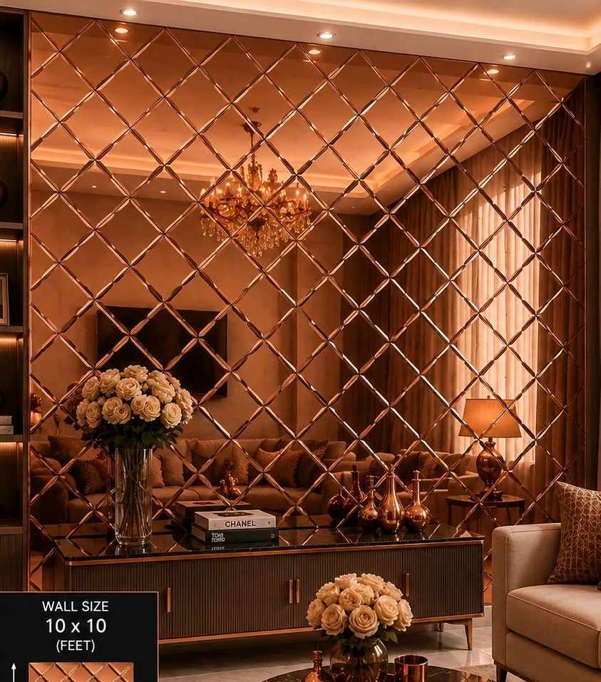 Copper mirror mosaic wall behind a console table with flowers in an entrance lobby
