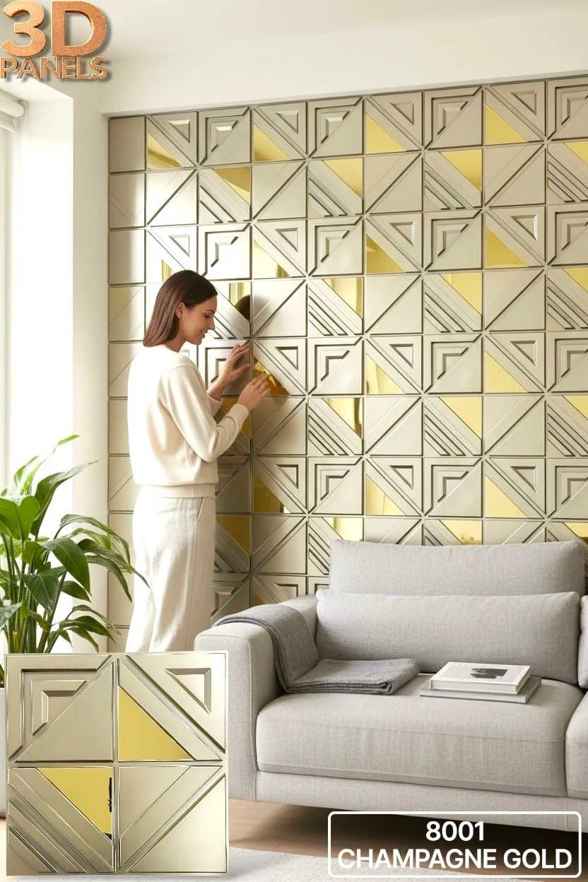 3D panel 8001 in Champagne Gold installed on a full wall