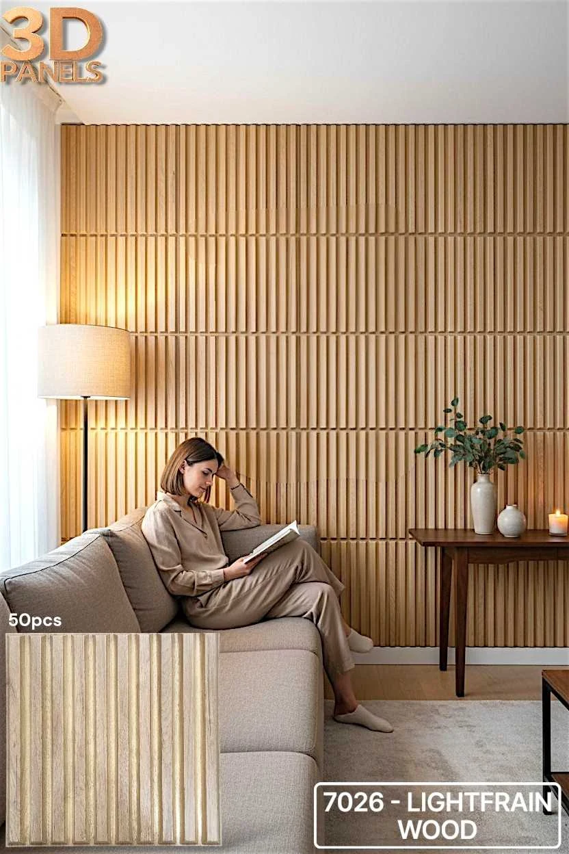 3D panel 7026 in Lightgrain Wood installed on a full wall