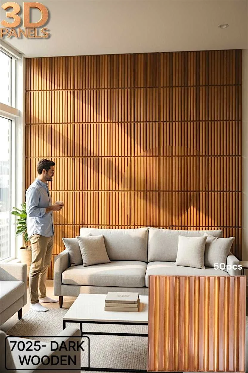 3D panel 7025 in Dark Wooden installed on a full wall