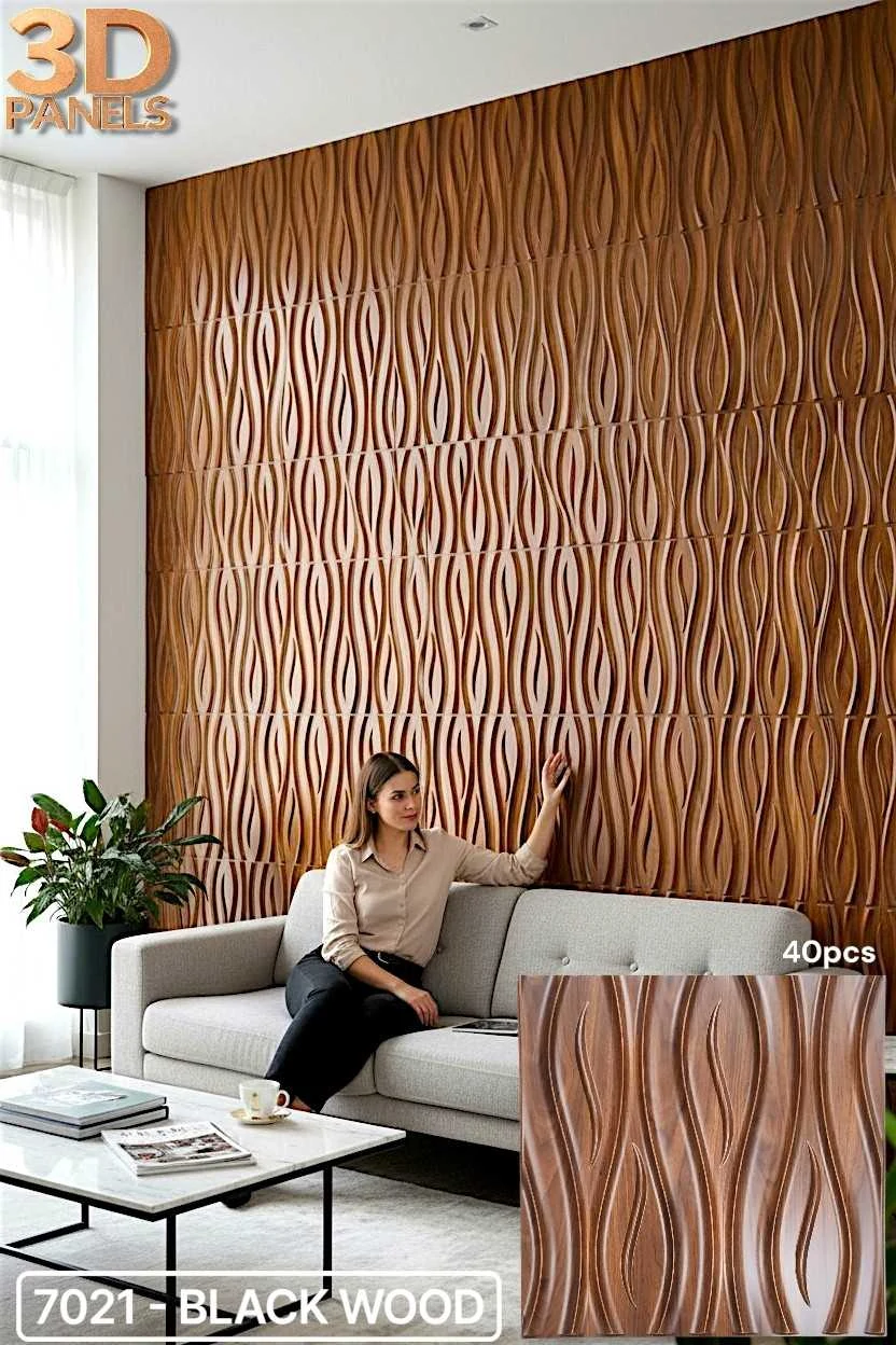 3D panel 7021 in Black Wood installed on a full wall