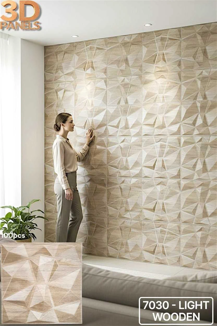 3D panel 7030 in Light Wooden installed on a full wall
