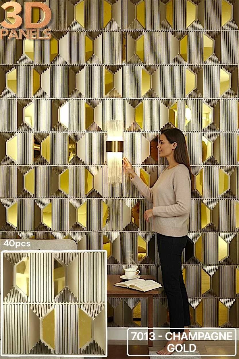 3D panel 7013 in Champagne Gold installed on a full wall