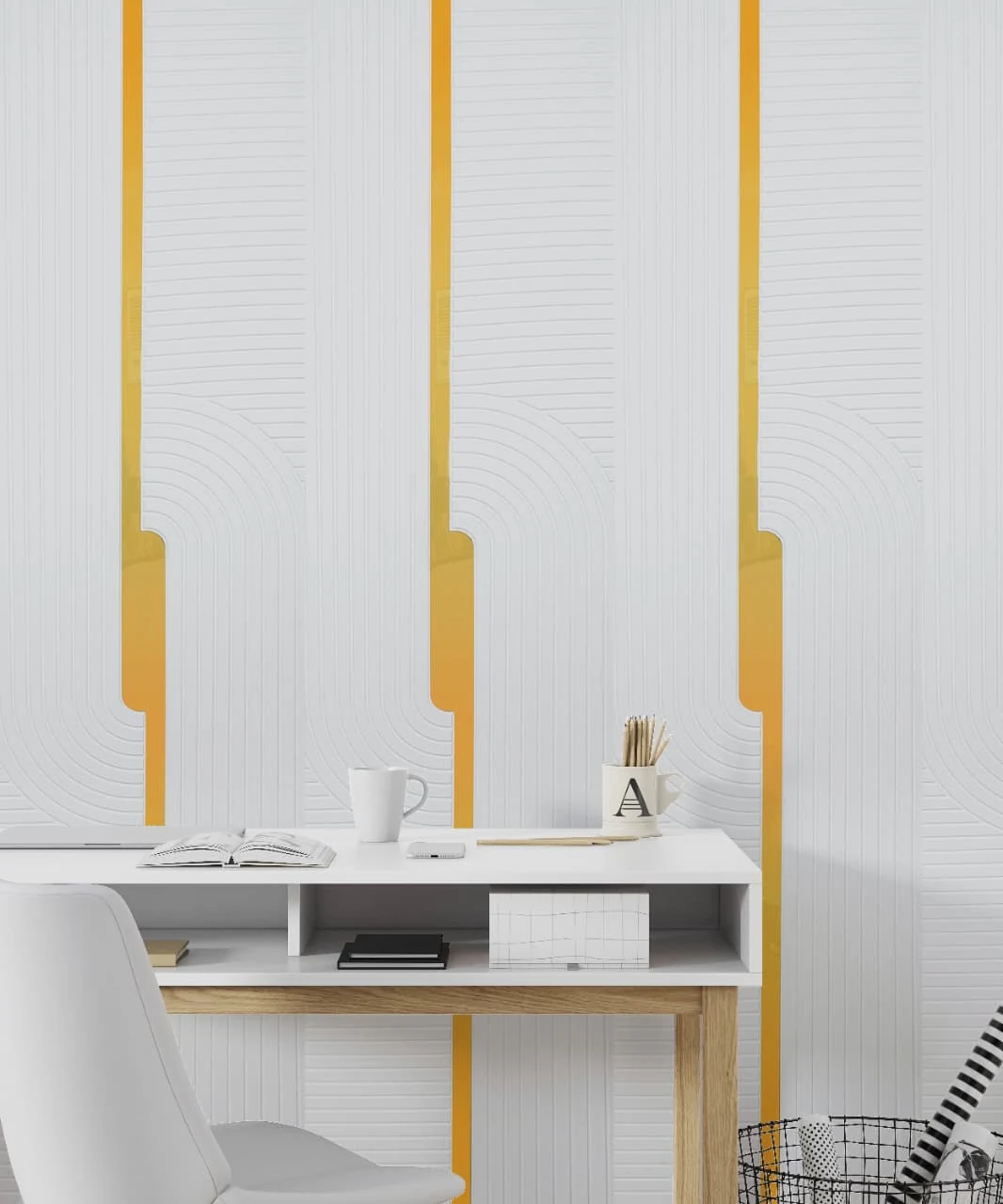 White wall panel broken by slim vertical gold strips above a white writing desk