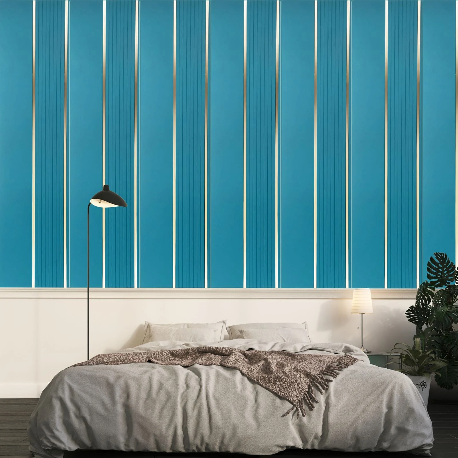 Teal vertical PU slat panelling running the full width of a bedroom wall behind a made bed