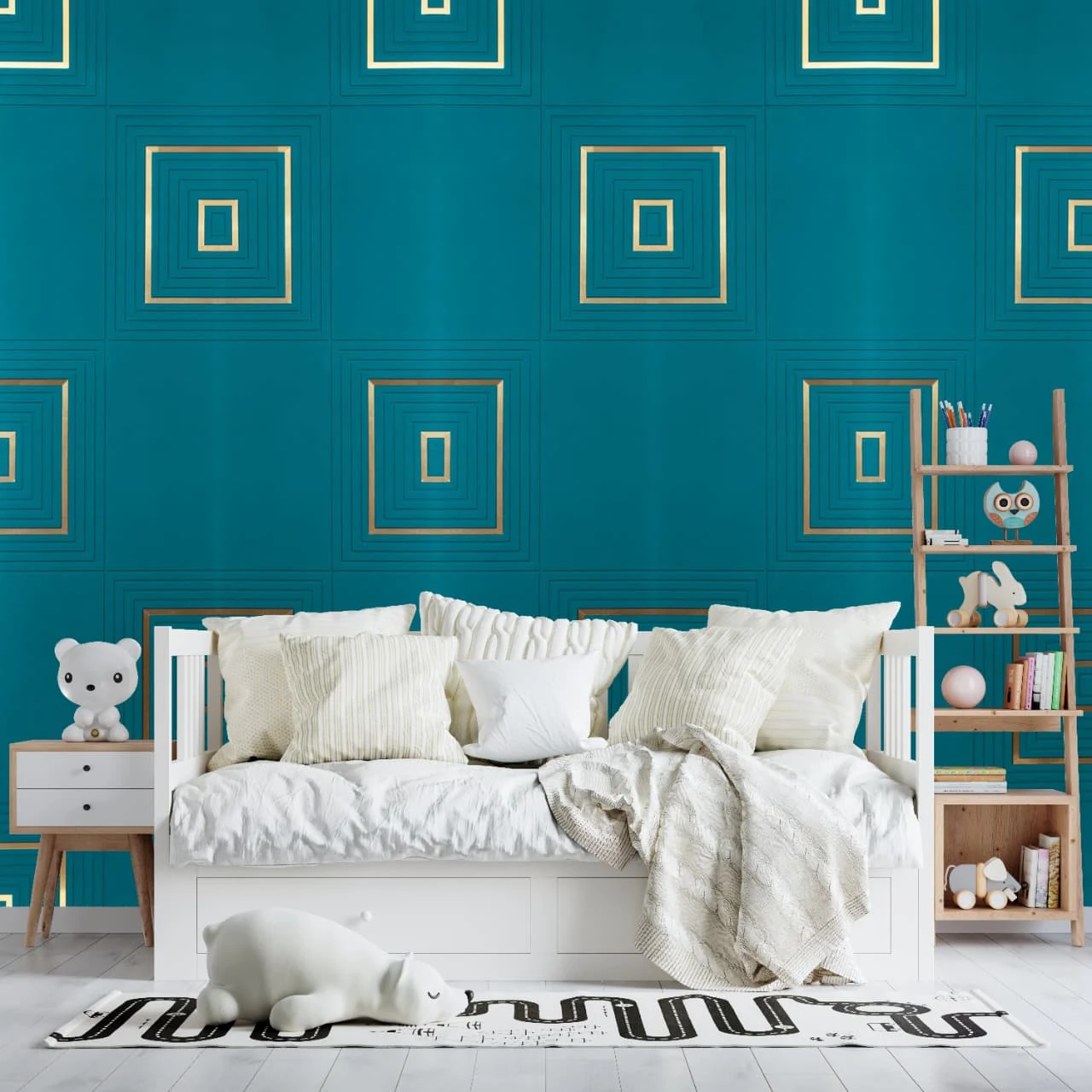 Teal panelled wall with gold square outlines behind a child’s bed and toy shelf