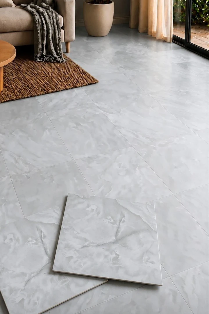 Pale marble self-adhesive floor in a living room