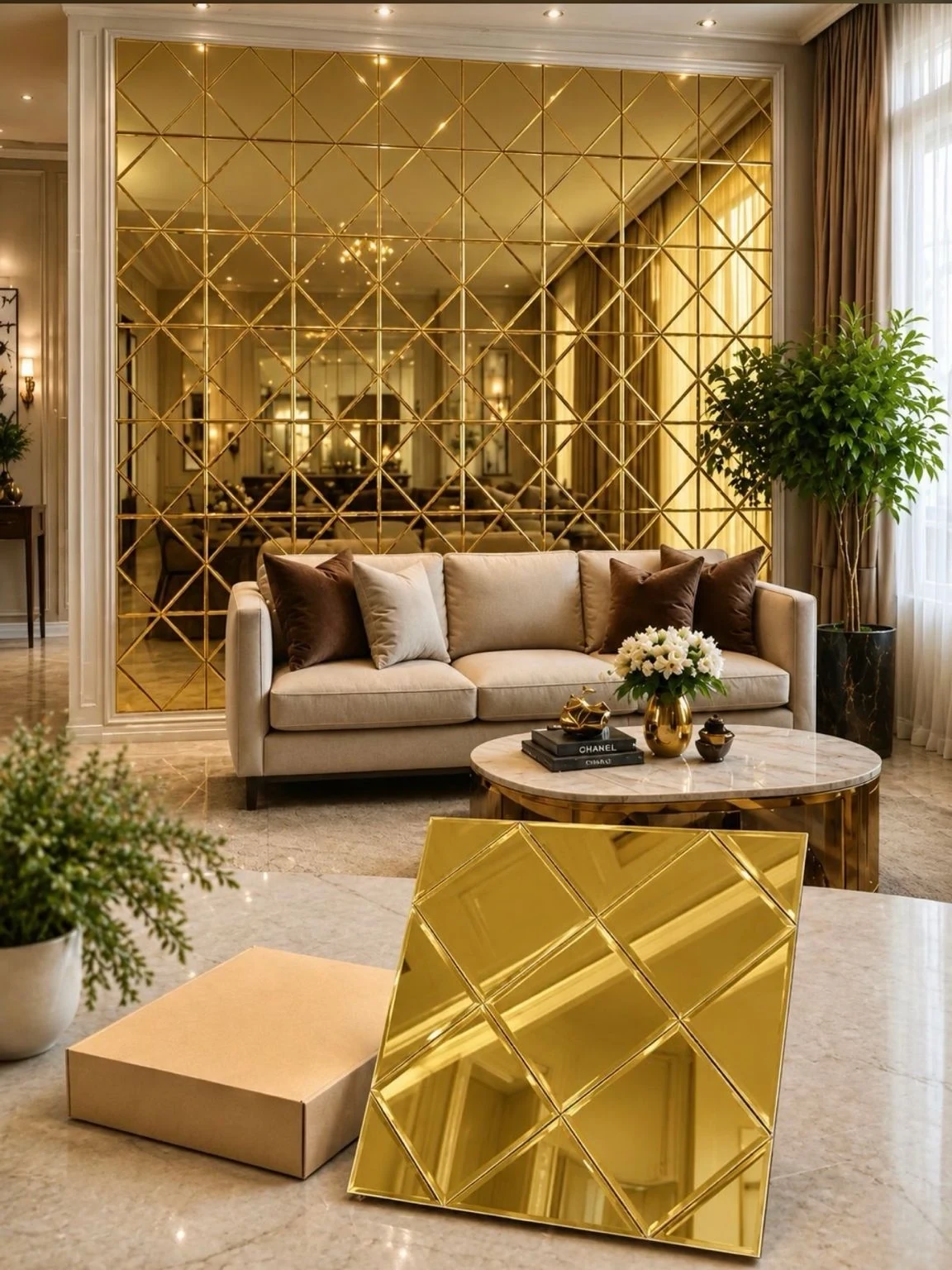 Gold mirror mosaic wall in a living room