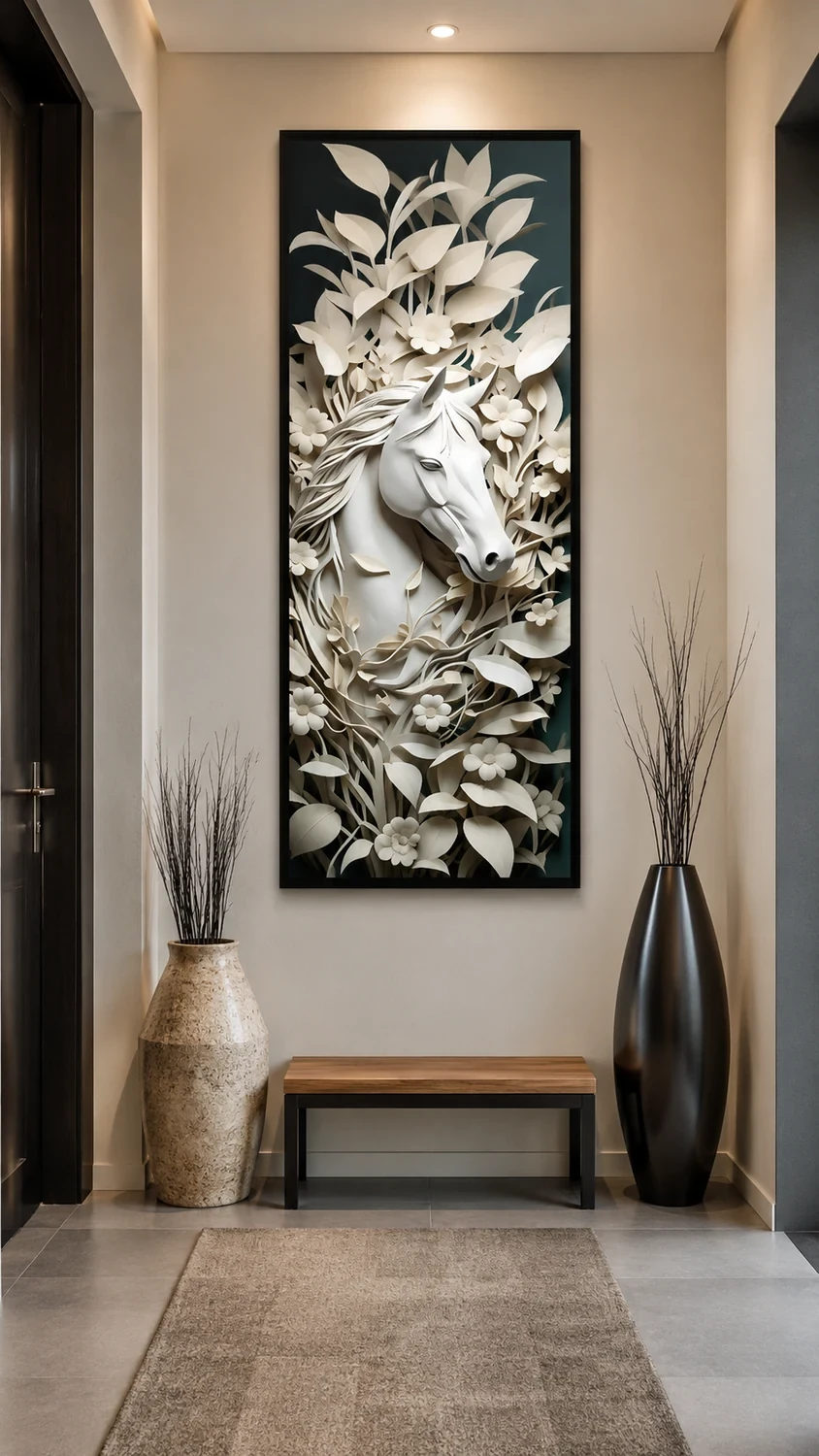 White relief horse foam wall art panel in a foyer
