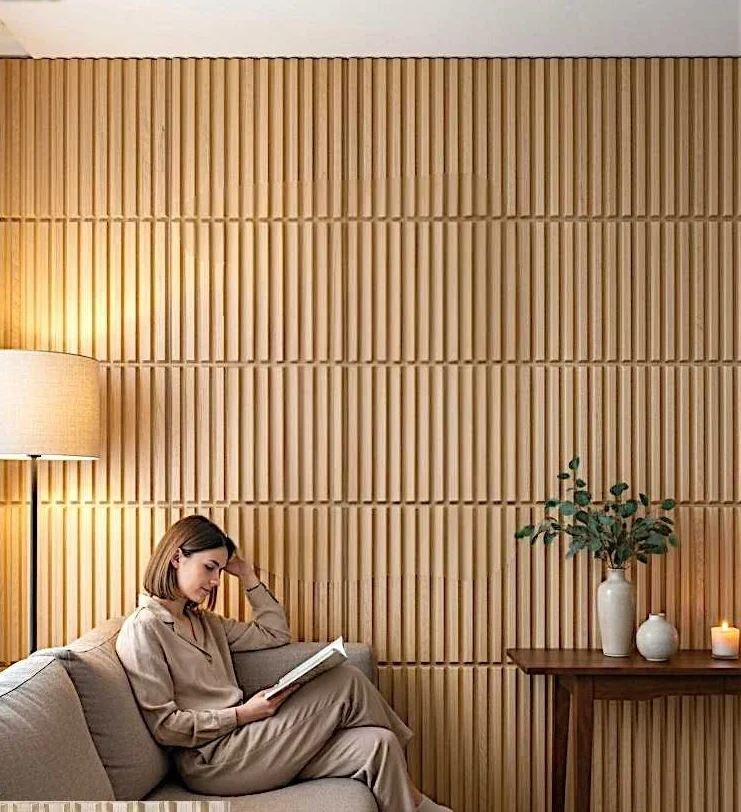 Light fluted 3D wall panels behind a low sofa