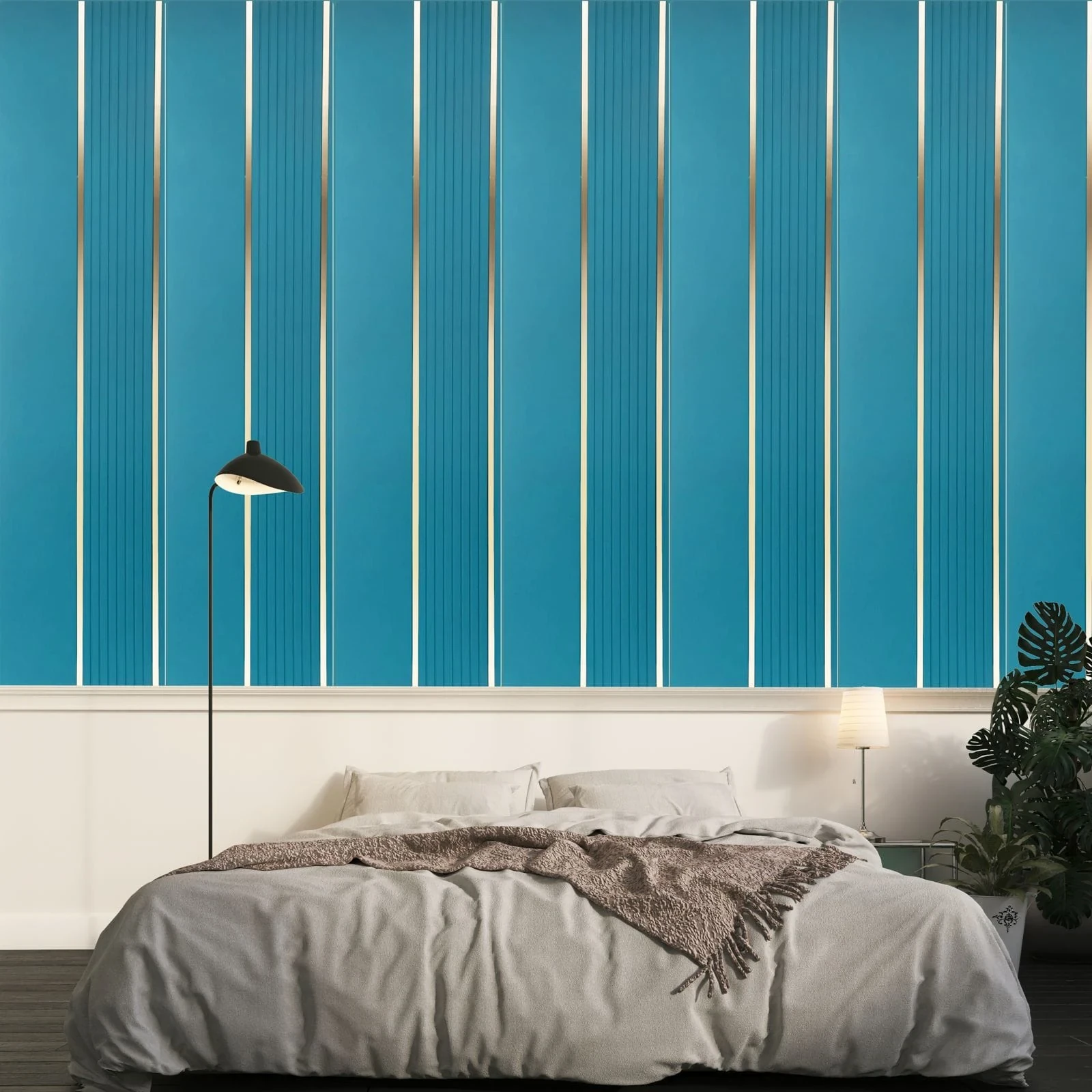 Turquoise fluted Vectra panels behind a bed