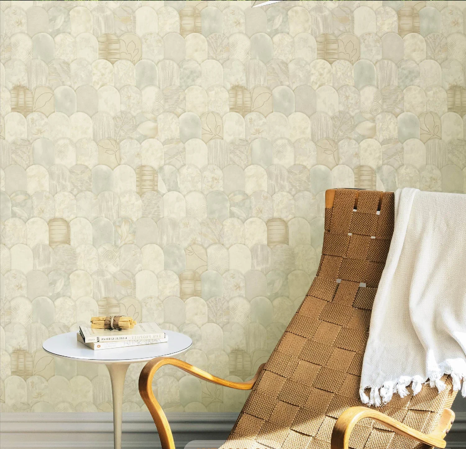 Arch relief wallpaper behind a leather chair