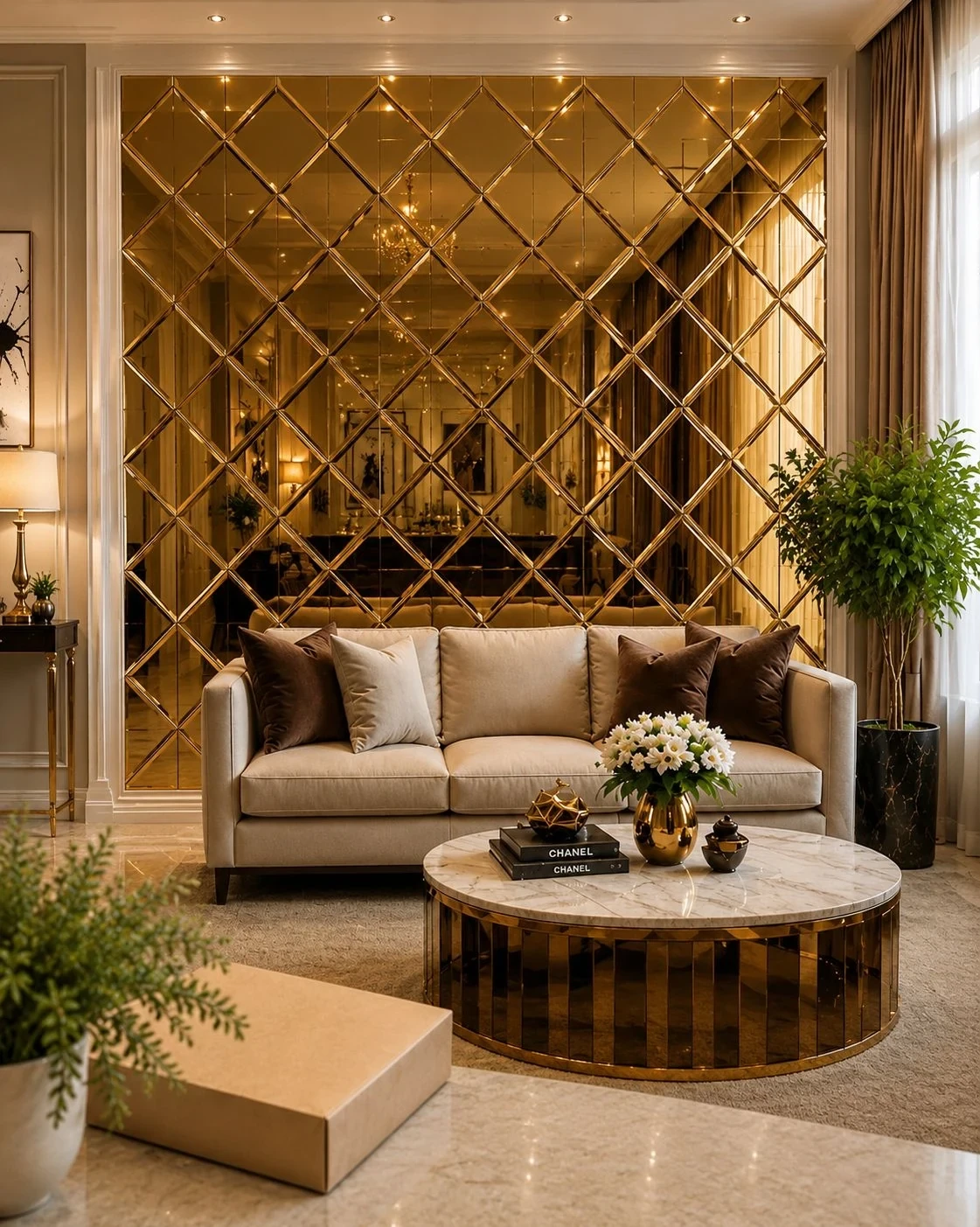 Gold mirror mosaic wall behind a sofa and round centre table in a lit lounge