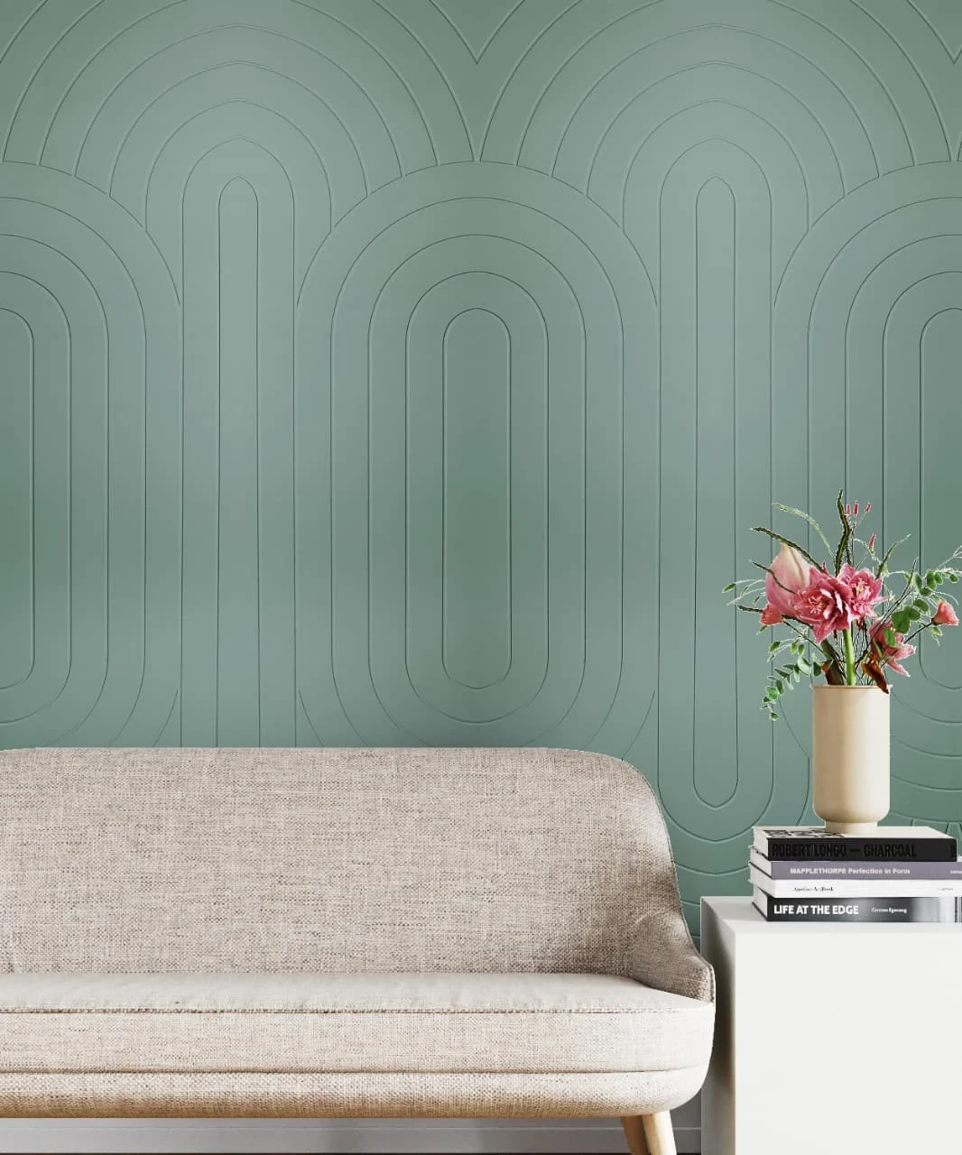 Sage-green arch-pattern wallpaper behind a pale linen sofa