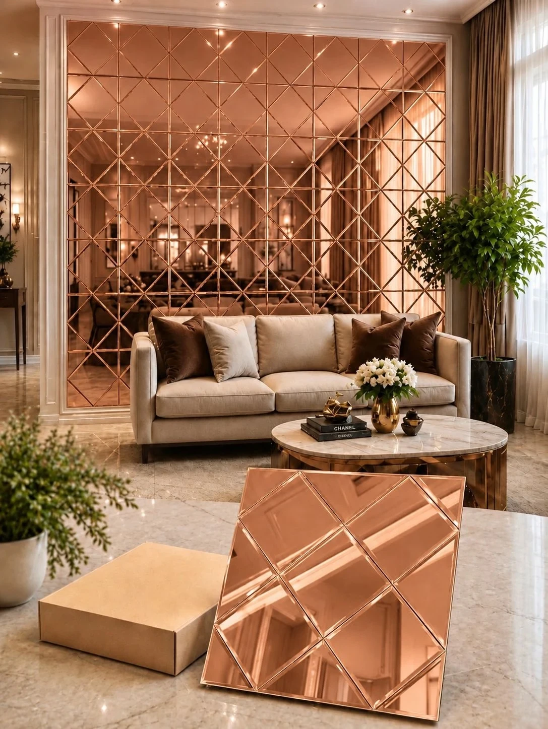 Rose-gold mirror mosaic feature wall in a furnished lounge