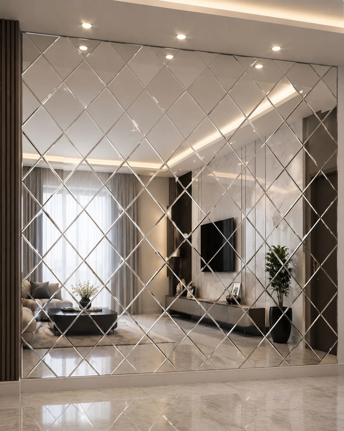 Silver mirror mosaic tiles covering a full corridor wall under recessed light