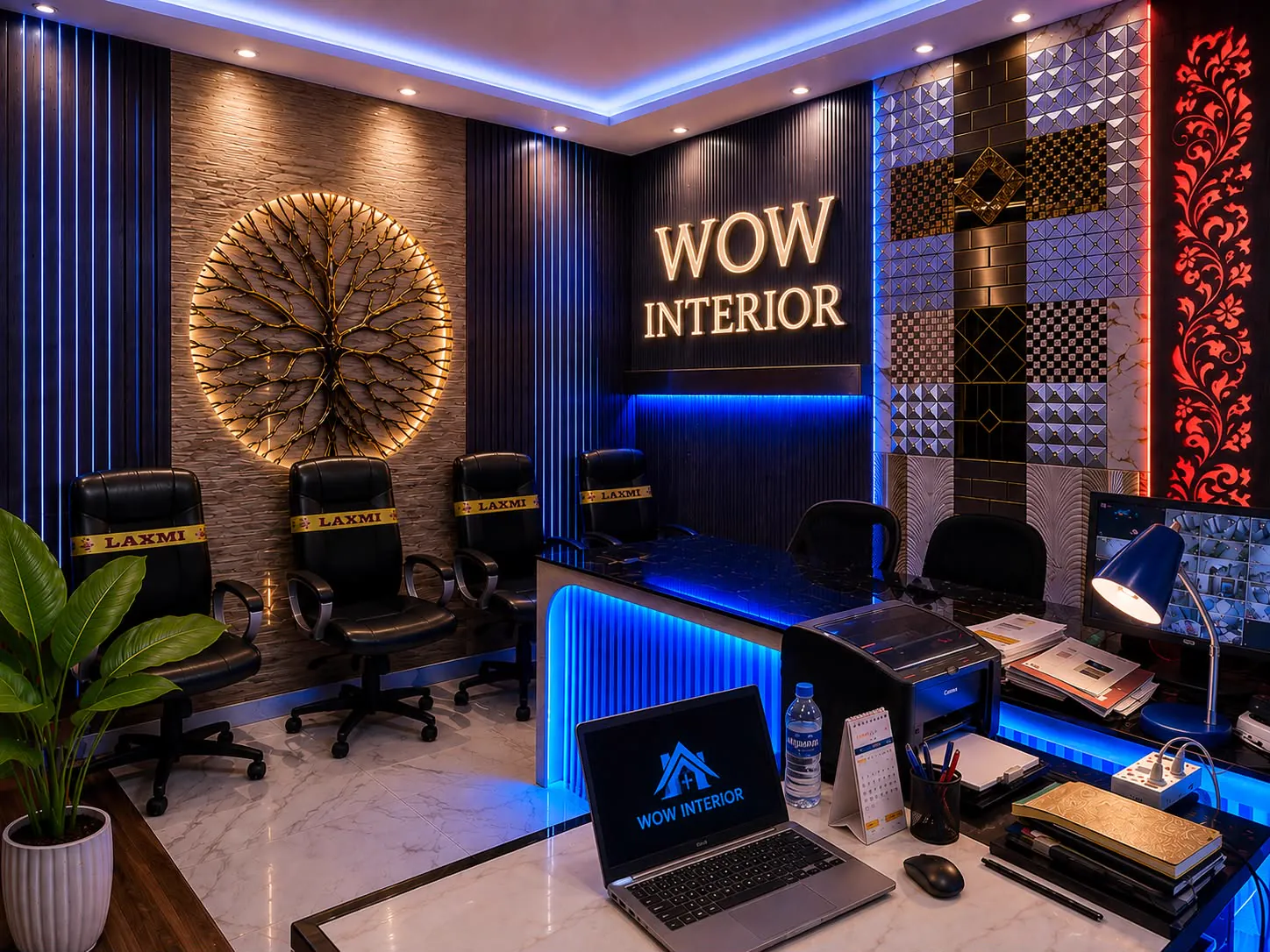 The Wow Interior showroom counter in Rehabari at night — the lit WOW INTERIOR sign over the desk, a gold tree sculpture on a stone-clad wall, and a display board of mirror mosaic and 3D panel samples