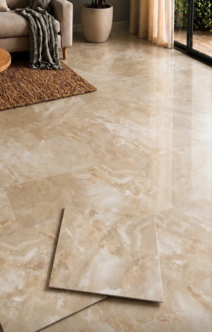 Beige marble-effect self-adhesive floor tile being laid over an existing floor