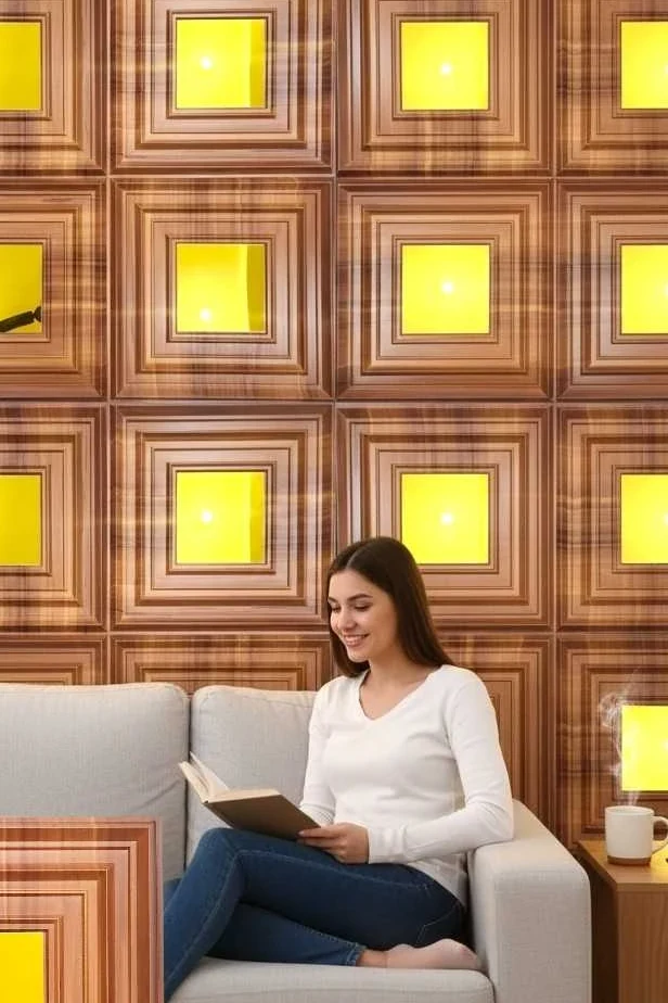 Wooden square-frame 3D panels with warm light in each recess, behind a pale sofa