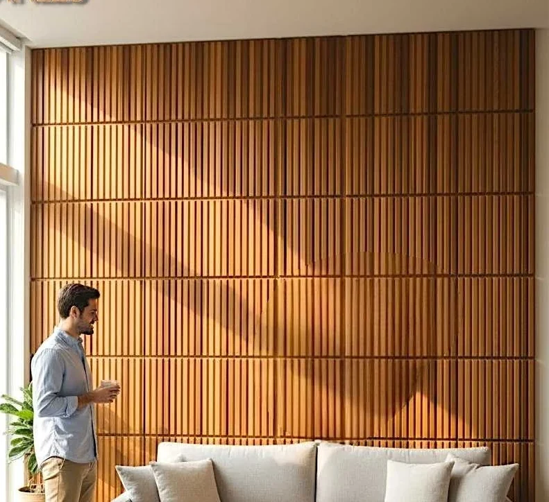 Warm wooden fluted rib panelling covering a full living room wall behind a pale sofa