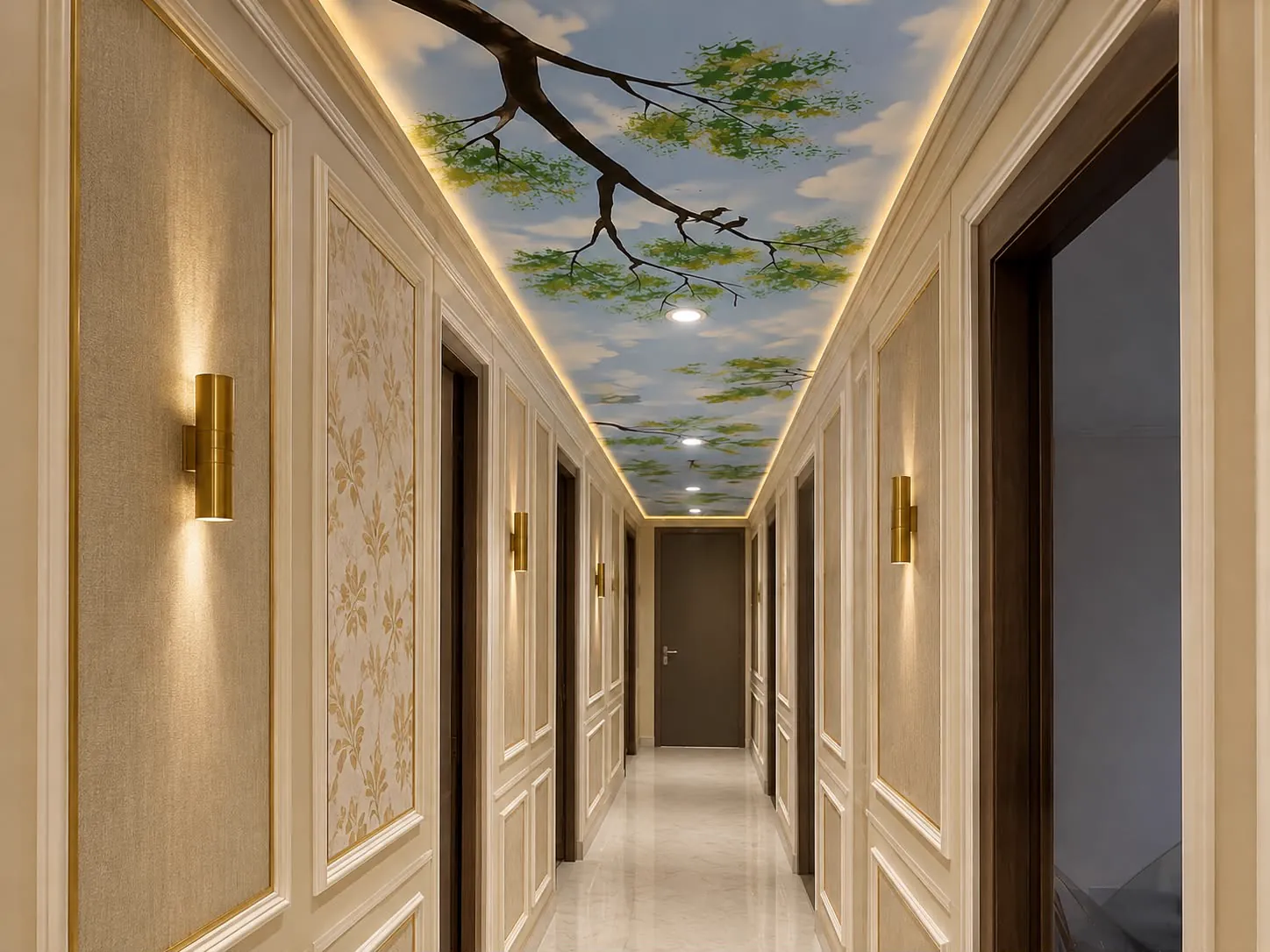 Corridor with a sky-and-branches mural on the ceiling, panelled walls and brass uplights