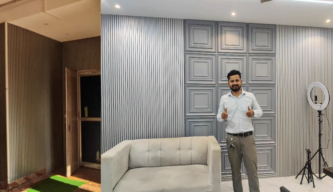 Before and after of the same room: bare fluted boards on the left, finished grey panelled room on the right