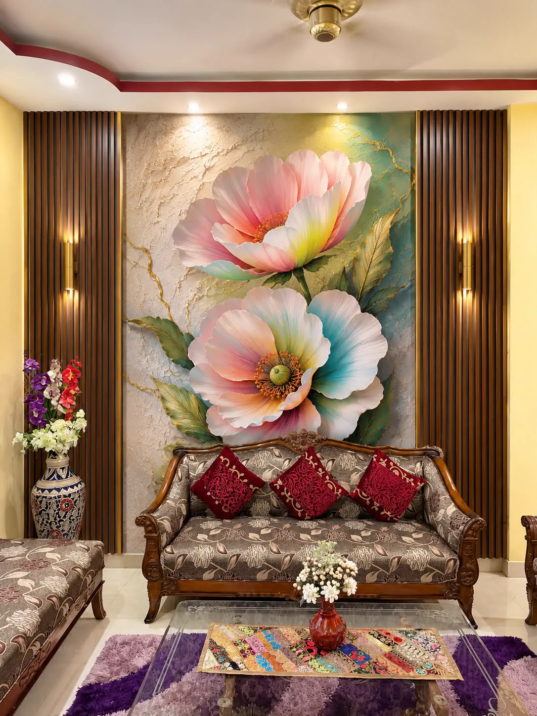Living room with a large pastel floral mural between dark slat panels, carved sofa in front