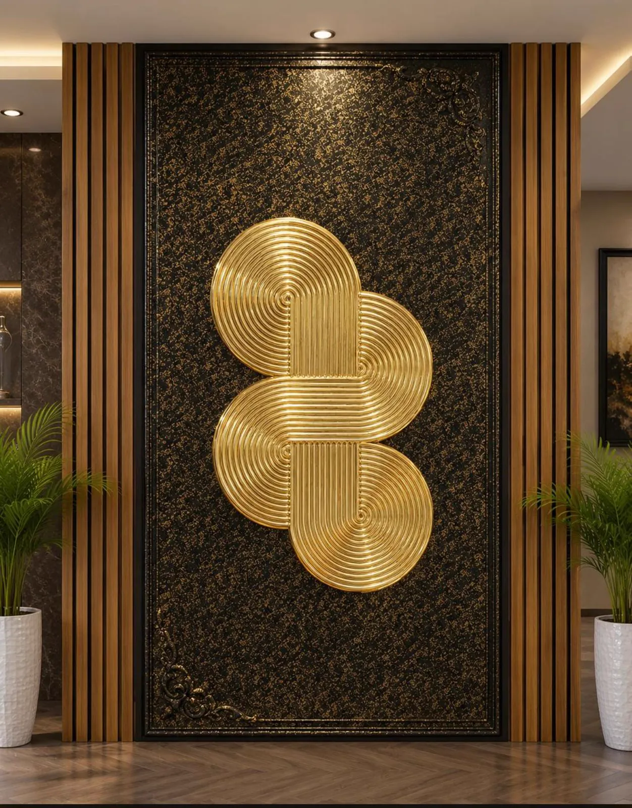 Black and gold speckled entrance panel between wood slats, holding three interlocking gold ribbed discs