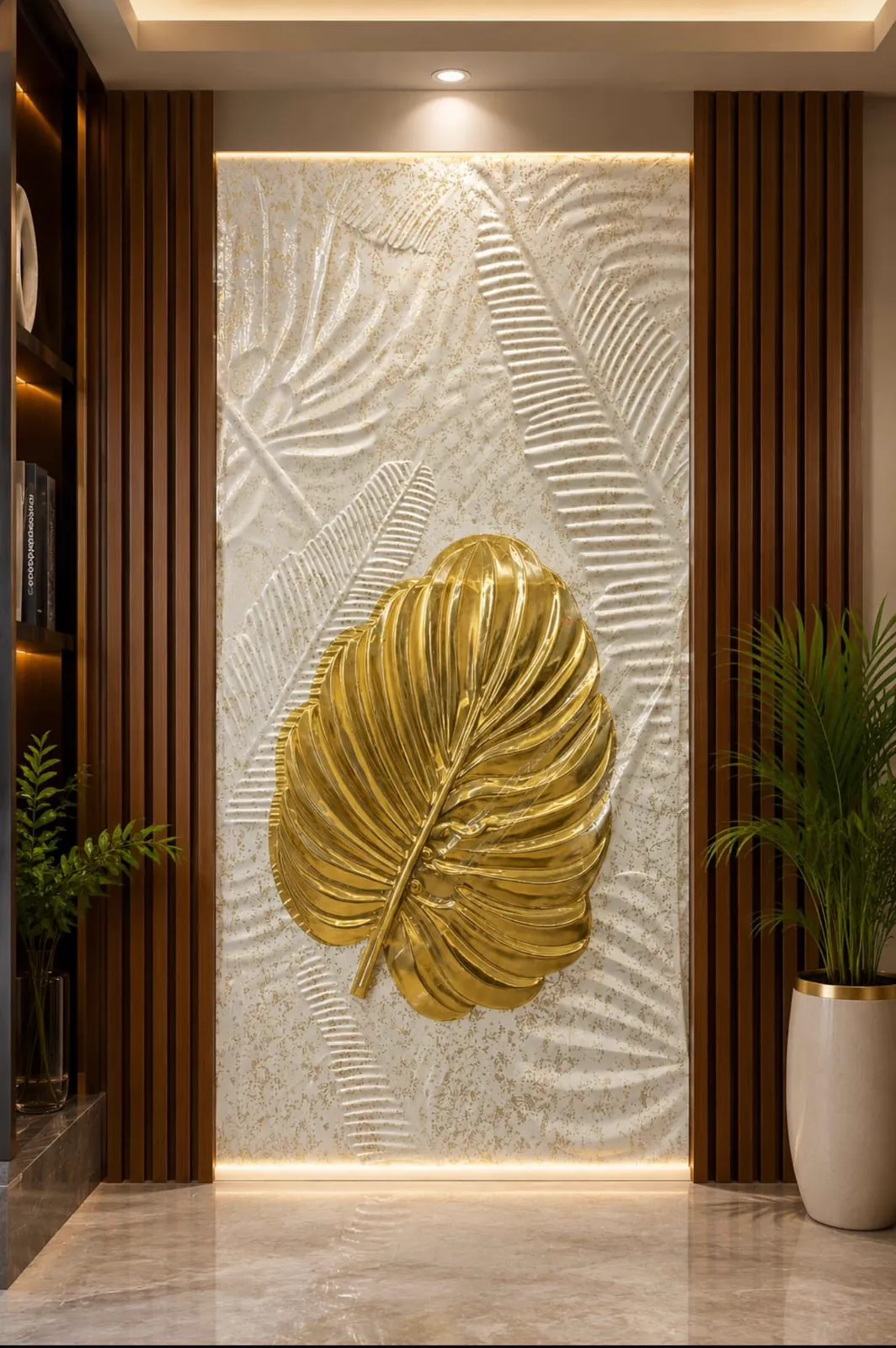 White relief foliage panel with a large polished gold leaf sculpture, walnut slat walls either side