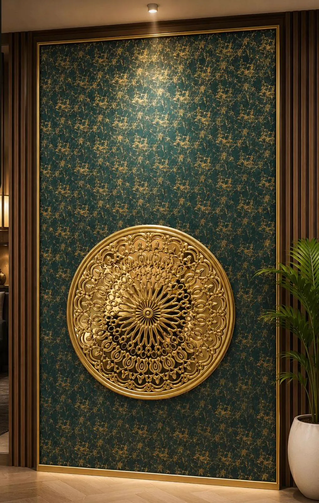 Deep green and gold veined panel in a gold frame with a large gold mandala medallion at its centre