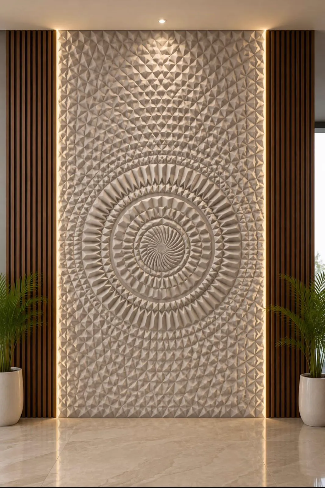 Beige faceted mandala 3D panel wall lit from behind, flanked by dark wood slats